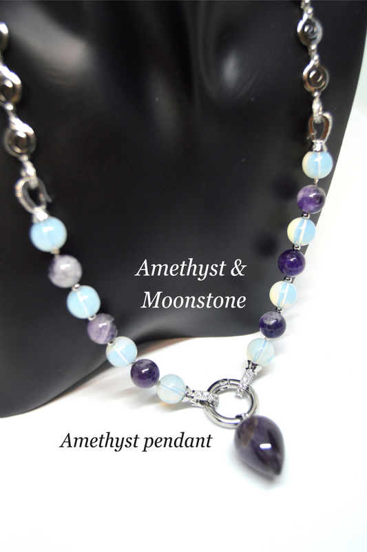 3 in 1 Natural Amethyst and Moonstone Stone Beaded Transforming Jewellery - Pendant Necklace, Choker and Bracelet Bestseller