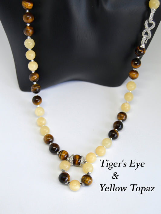 Natural Brown Tiger's eye and Yellow Topaz Long Statement Pendant Necklace