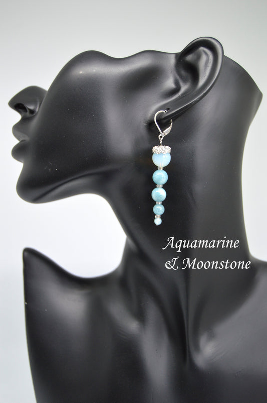 Natural Aquamarine and Moonstone Long Drop Dangle Icicle Occasion Earrings