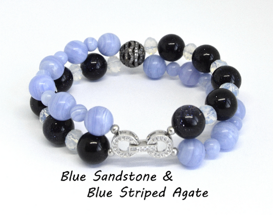 Natural Blue Striped Agate and Blue Sandstone Double String Unique Bracelet